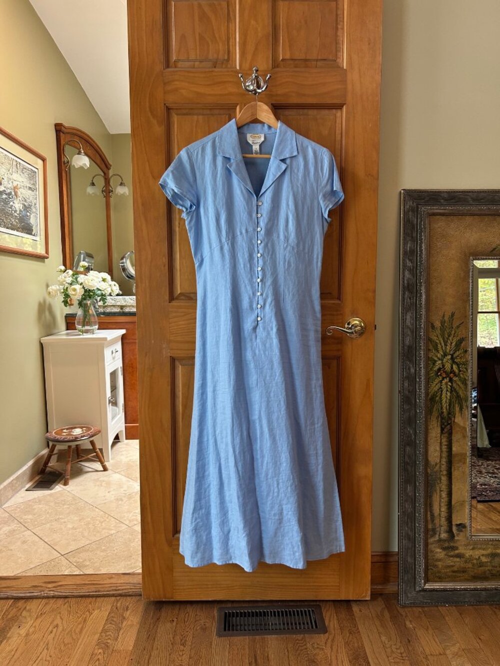 Vintage Talbots Irish Linen Blue Maxi Shirt Dress Size 8 100% Linen